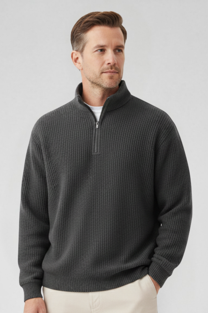Pull en laine pour homme à col zippé, côtelé, décontracté d’automne