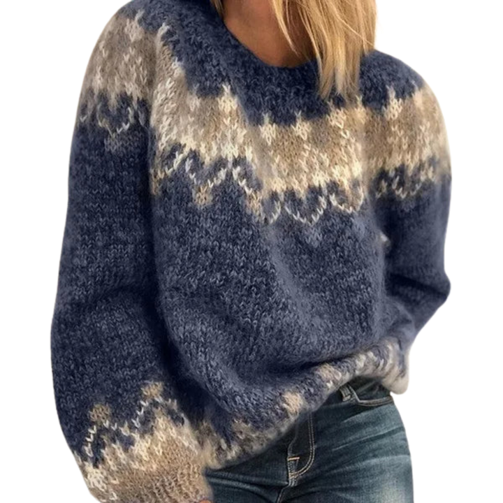 Pulover de damă din lână merinos, tricotat cu model nordic, croială lejeră, pentru toamnă