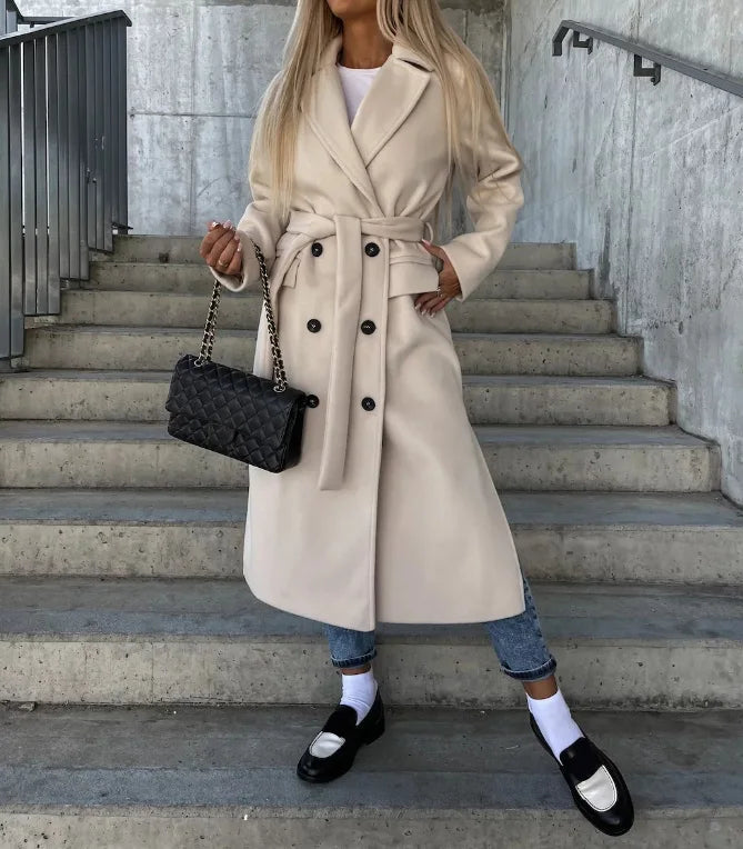 Manteau d'hiver long réversible pour femme avec ceinture et double boutonnage élégant