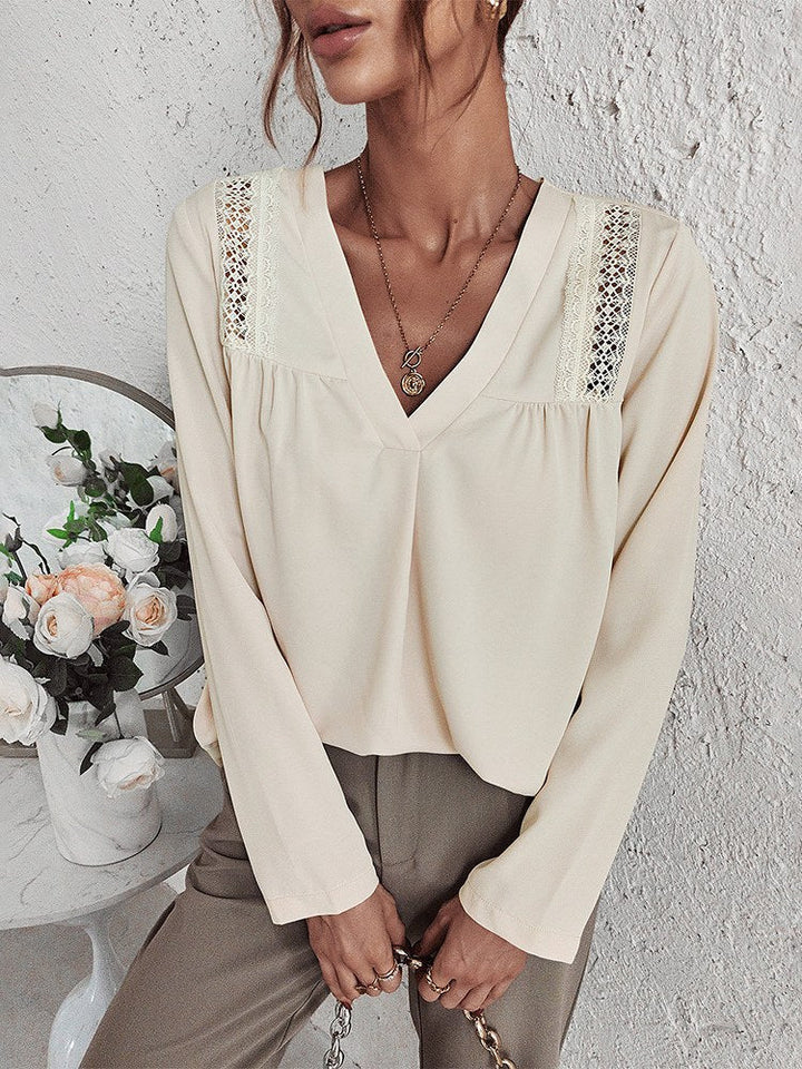 Elegant and comfortable cream blouse with V-neck for women - Missy Collection