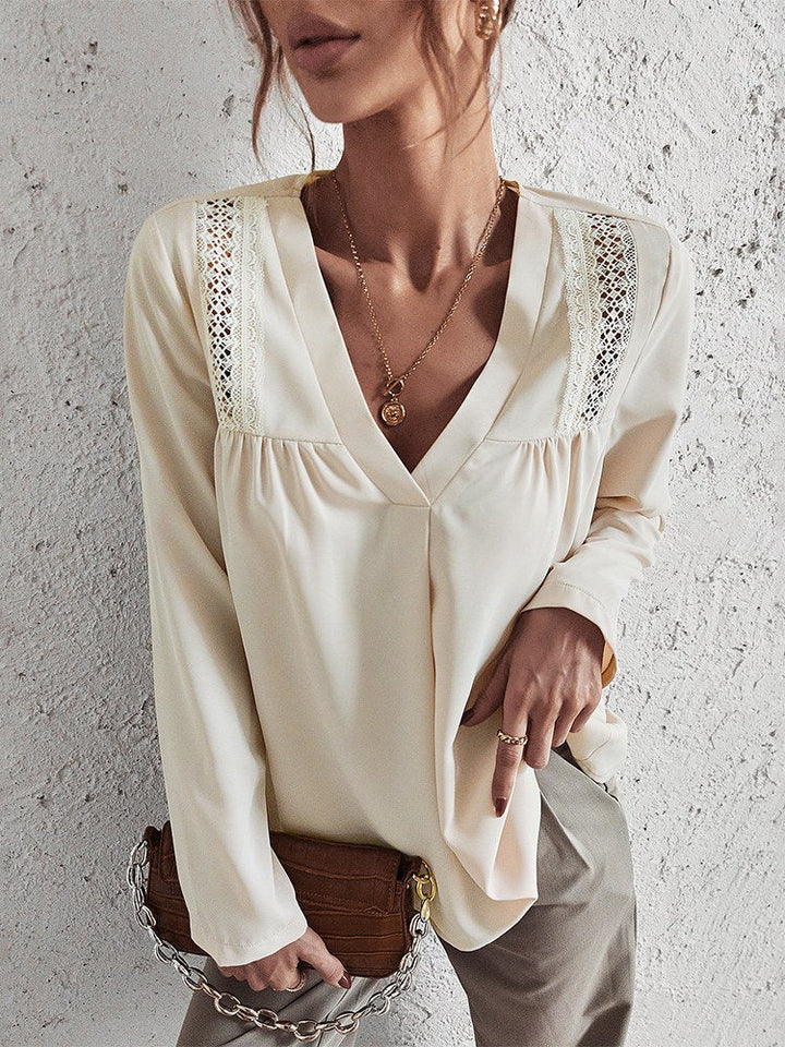 Elegant and comfortable cream blouse with V-neck for women - Missy Collection