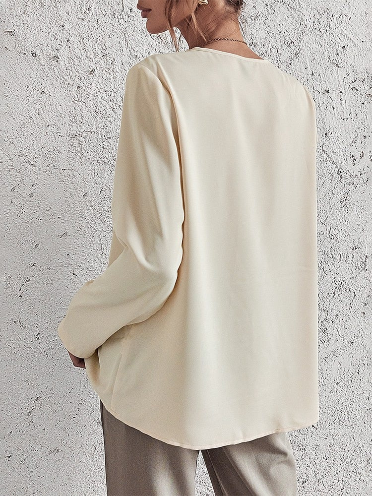 Elegant and comfortable cream blouse with V-neck for women - Missy Collection