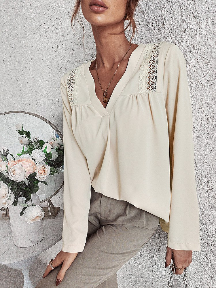 Elegant and comfortable cream blouse with V-neck for women - Missy Collection