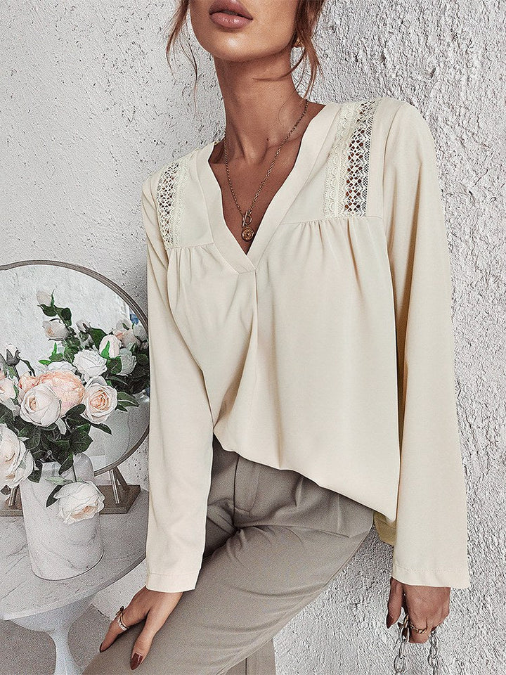 Elegant and comfortable cream blouse with V-neck for women - Missy Collection