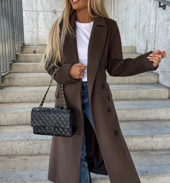 Manteau d'hiver long réversible pour femme avec ceinture et double boutonnage élégant