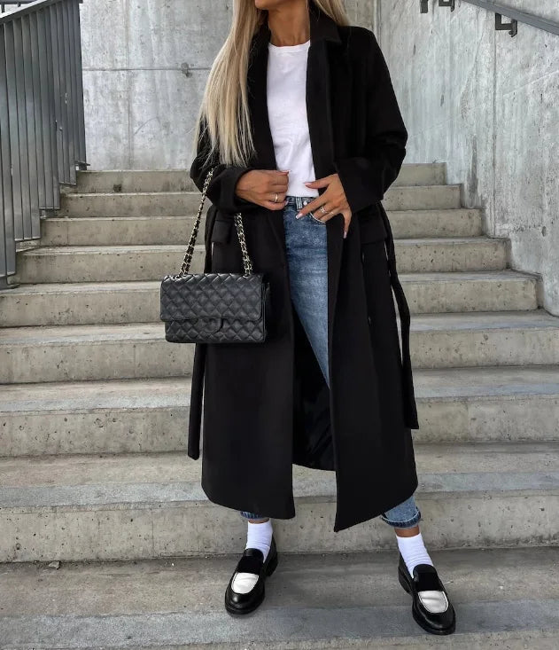Manteau d'hiver long réversible pour femme avec ceinture et double boutonnage élégant