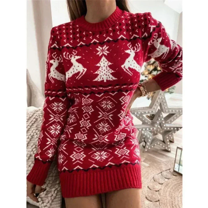 Rochie de Crăciun pentru femei, din lână merinos, tip pulover tricotat, cu mâneci lungi, pentru toamnă