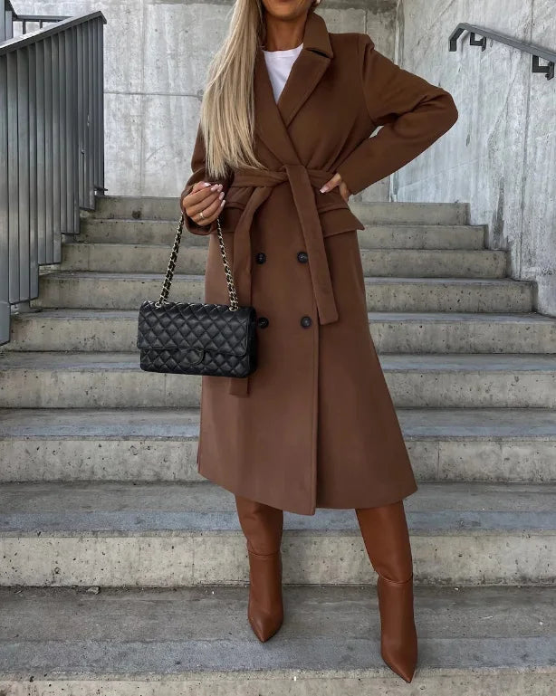 Manteau d'hiver long réversible pour femme avec ceinture et double boutonnage élégant