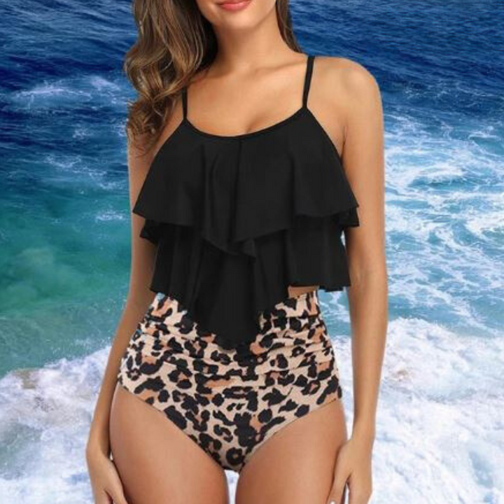Cressida - Débardeur élégant avec volants ludiques et bikini taille haute - Ensemble de tankini 2 pièces élégant