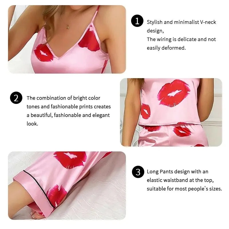 Rhea - Pijama elegante de satén con estampado de labios para mujer