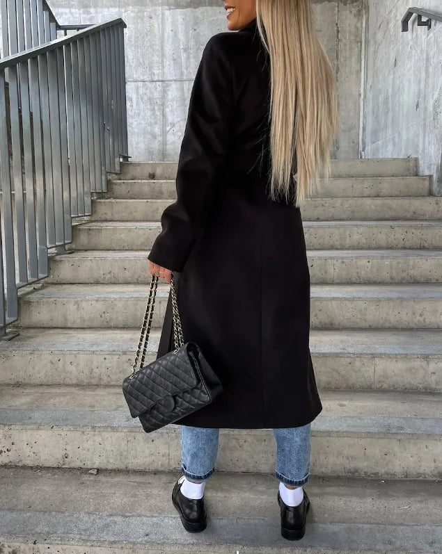 Manteau d'hiver long réversible pour femme avec ceinture et double boutonnage élégant