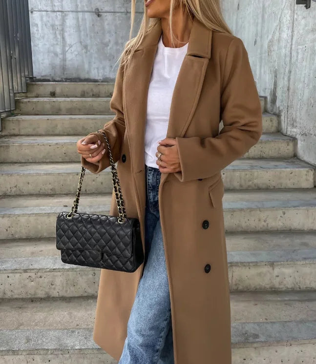 Manteau d'hiver long réversible pour femme avec ceinture et double boutonnage élégant