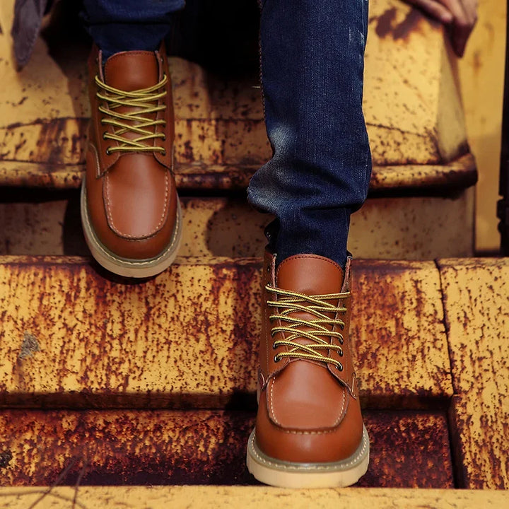 Bottes homme en cuir à lacets style workwear rétro, bottines robustes pour l’automne-hiver