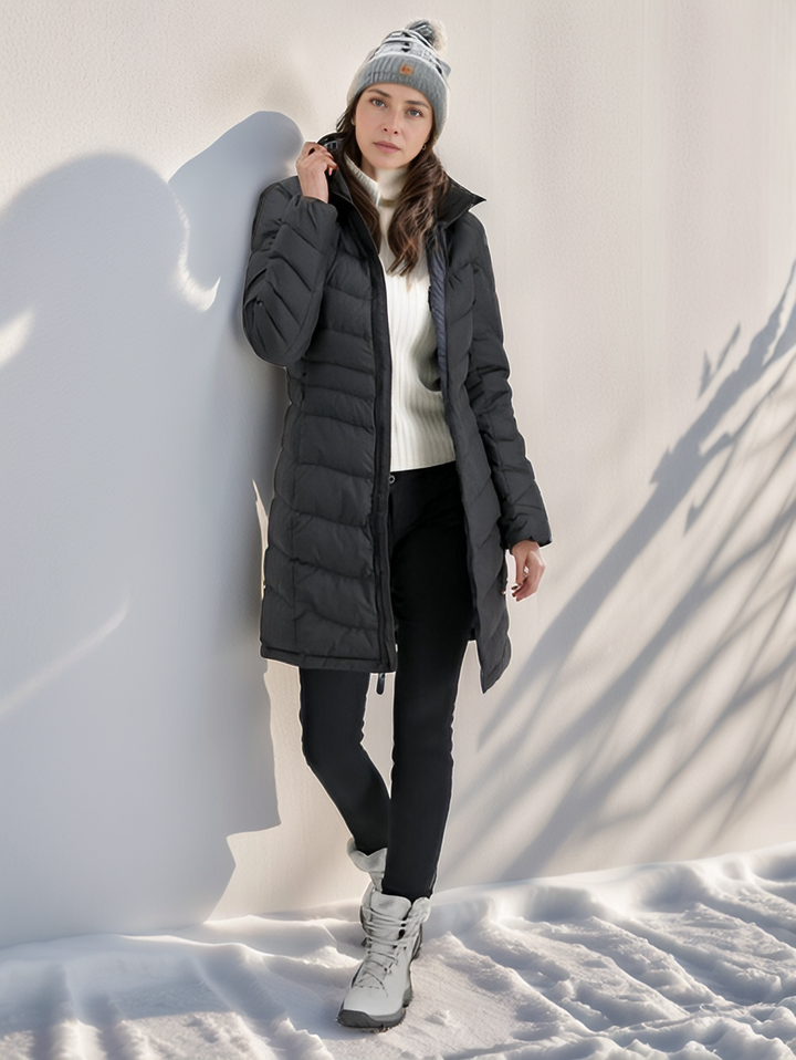Női hosszú, vízlepergető, kapucnis steppelt kabát őszre