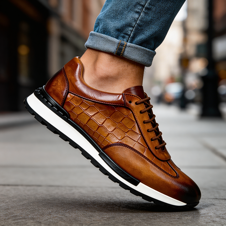 Baskets homme en cuir véritable effet croco à lacets, sneakers basses élégantes pour l’automne
