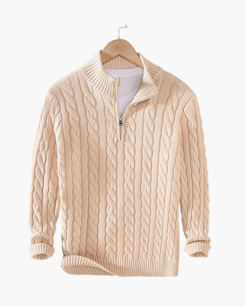 Men’s cotton cable-knit sweater with a stand-up collar and zipper, for autumn