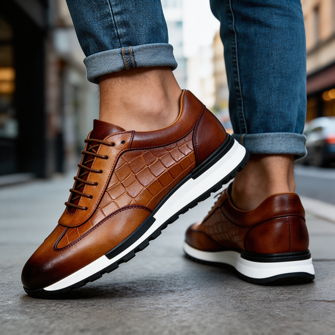 Baskets homme en cuir véritable effet croco à lacets, sneakers basses élégantes pour l’automne