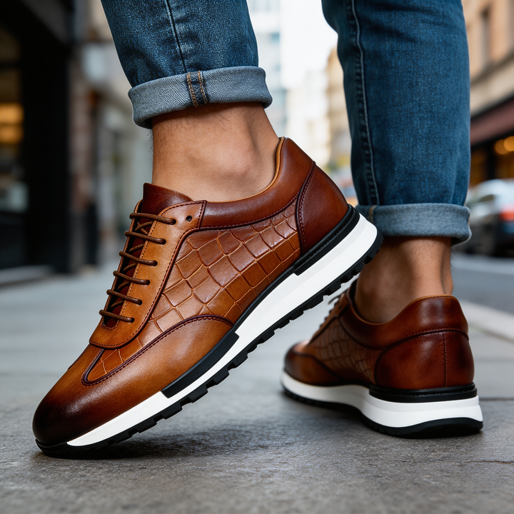 Baskets homme en cuir véritable effet croco à lacets, sneakers basses élégantes pour l’automne