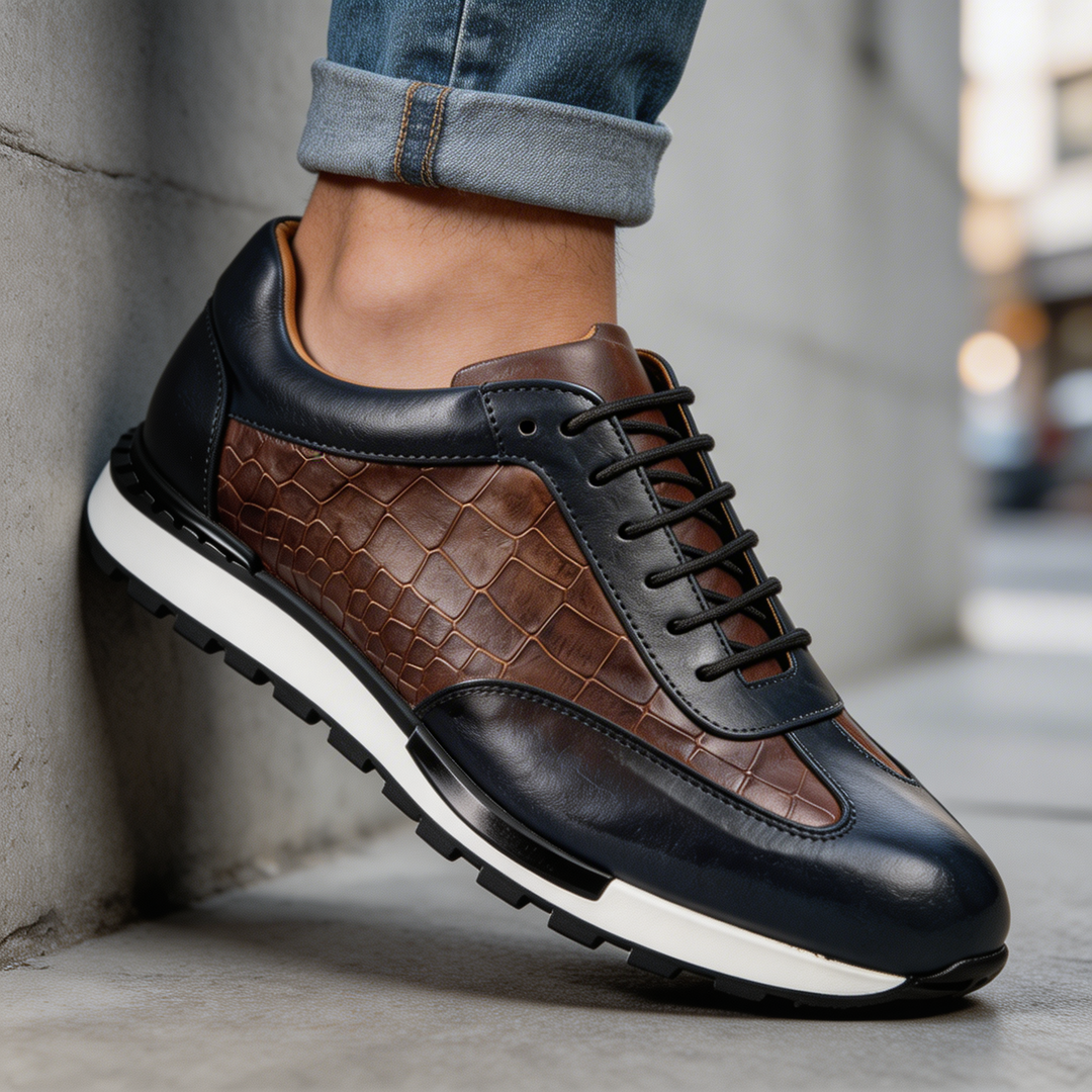 Baskets homme en cuir véritable effet croco à lacets, sneakers basses élégantes pour l’automne