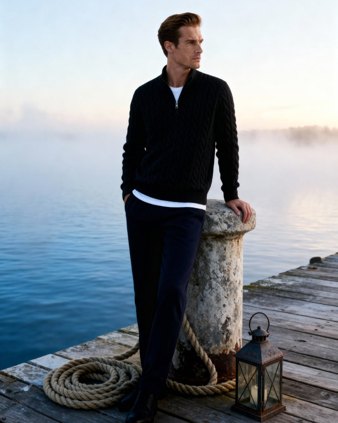 Men’s cotton cable-knit sweater with a stand-up collar and zipper, for autumn