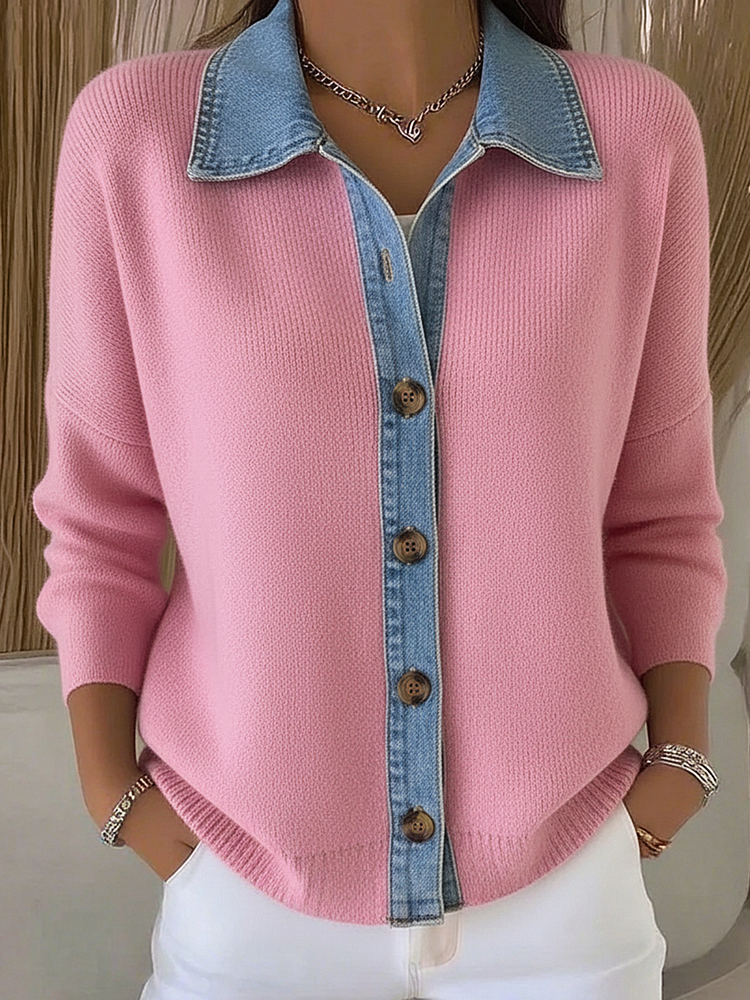Cardigan femme boutonné en laine mélangée, pull polo d’automne