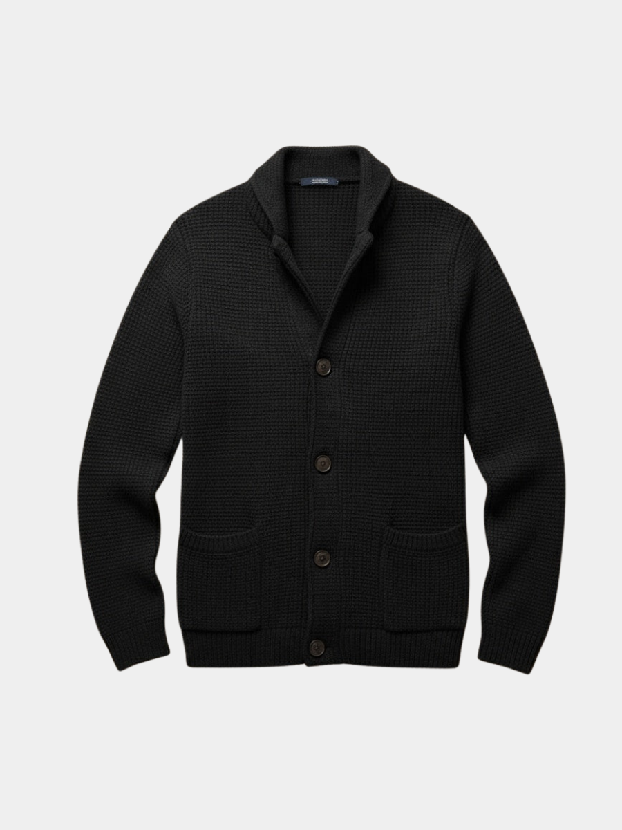 Men’s wool cardigan with a buttoned shawl collar for autumn
