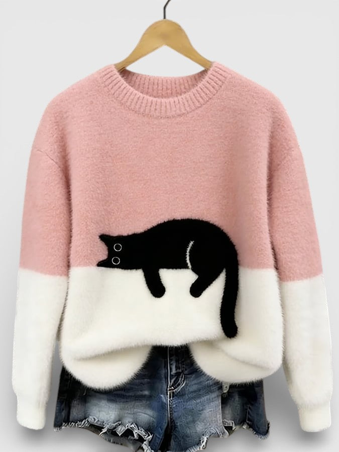 Pull femme en coton à motif chat pour l'automne, coupe décontractée pour le quotidien
