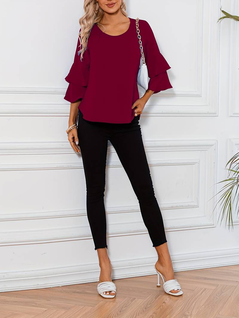 Emily - Chic Shirt with Round Neck and Elegant Wide Flared Sleeves