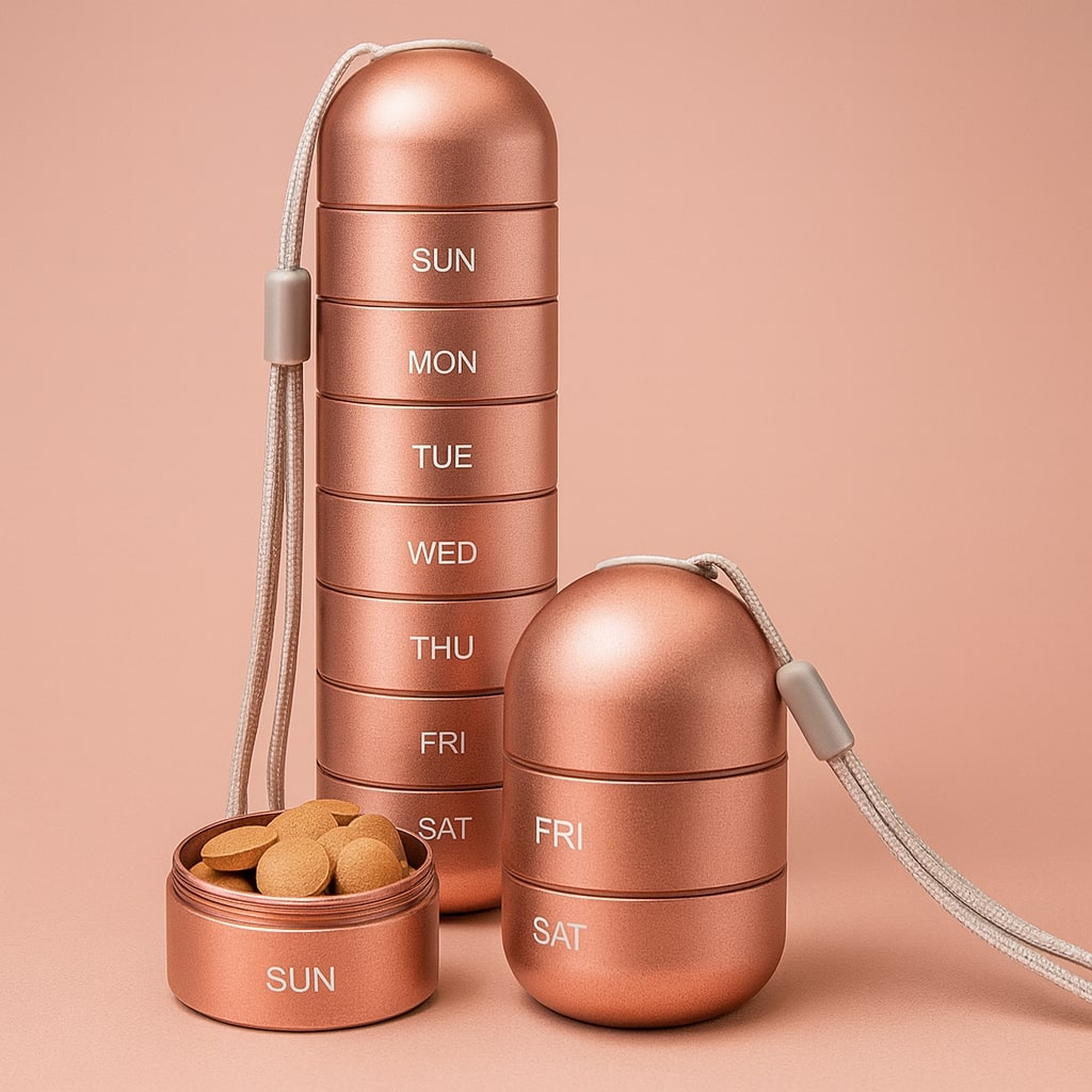 Boîte en aluminium avec 7 compartiments étanches pour comprimés et vitamines de voyage