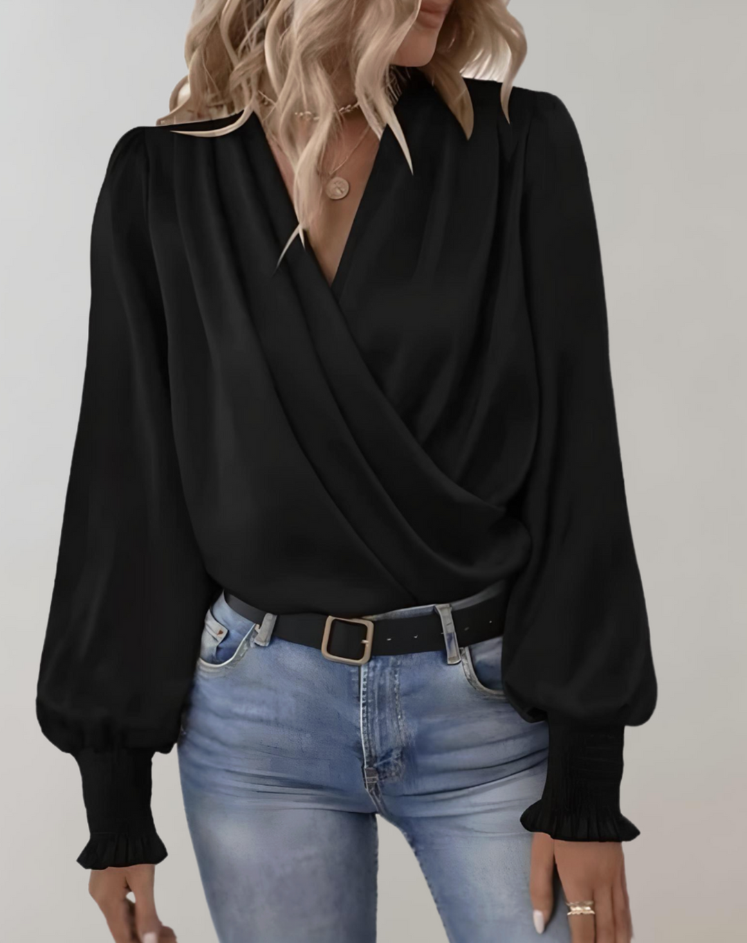 Minda - Chemisier à manches longues à col en V tendance printemps pour femmes