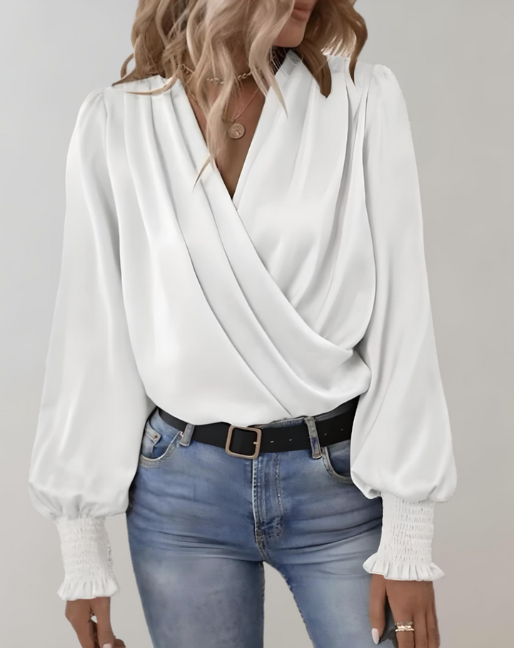 Minda - Chemisier à manches longues à col en V tendance printemps pour femmes