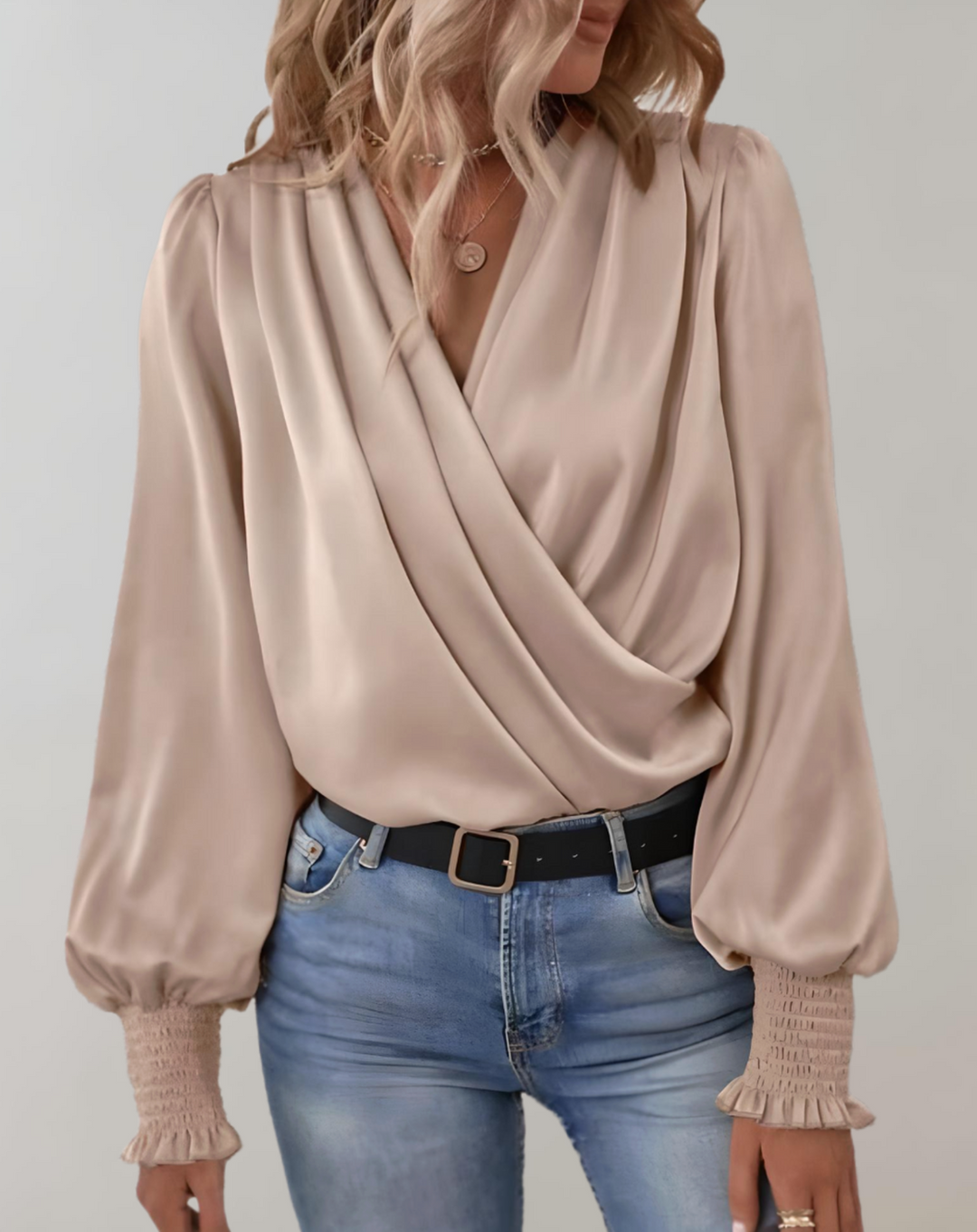 Minda - Chemisier à manches longues à col en V tendance printemps pour femmes