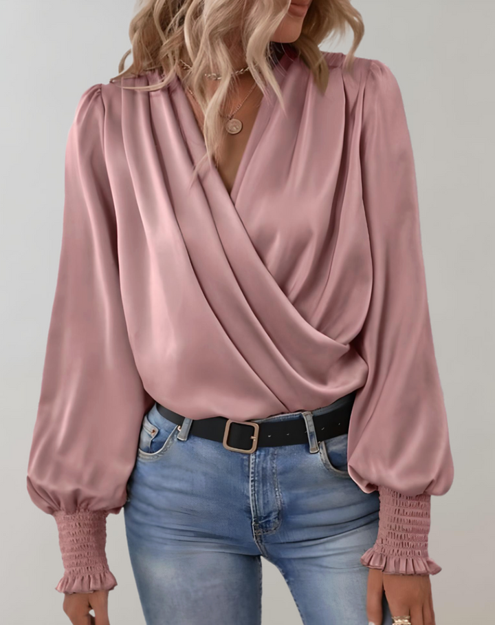 Minda - Chemisier à manches longues à col en V tendance printemps pour femmes
