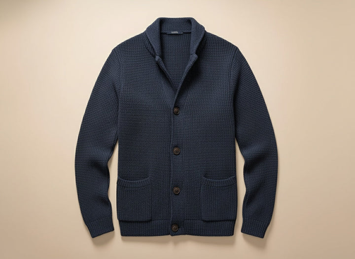Men’s wool cardigan with a buttoned shawl collar for autumn