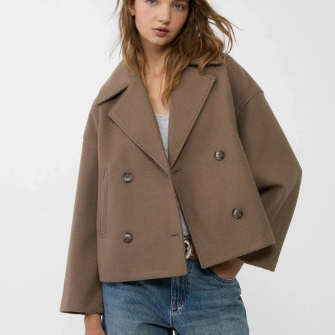 Manteau court en laine pour femme, élégant, à double boutonnage, pour l’automne