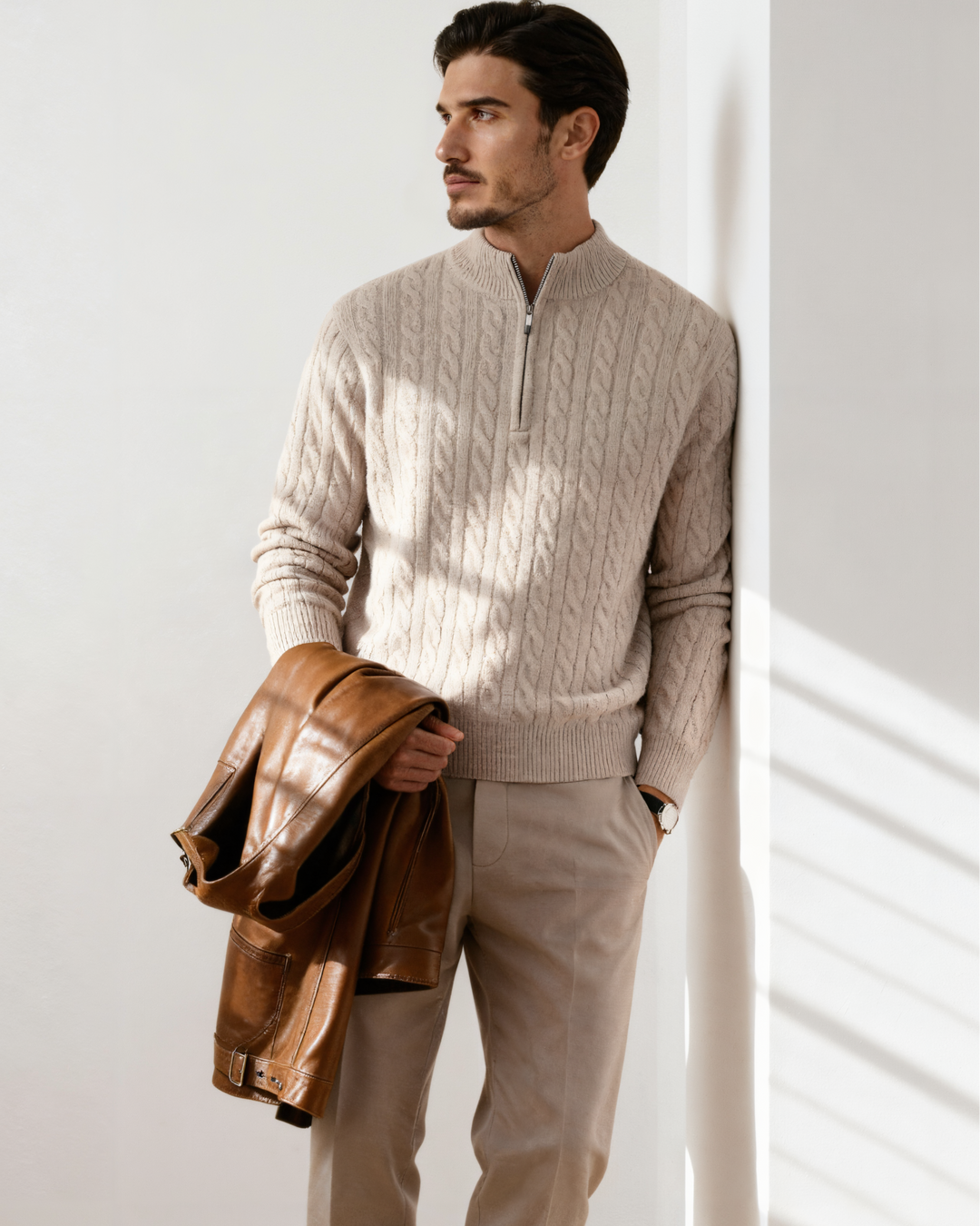 Pull homme en cachemire à col zippé, maille torsadée, pour l’automne