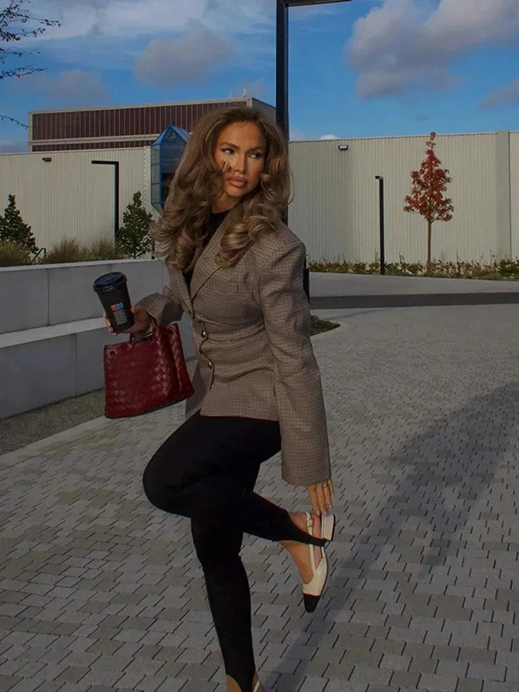 Chaqueta de cuadros para mujer con botones elegantes, corte entallado, para otoño