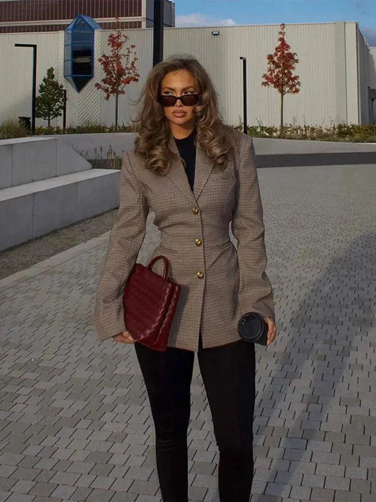 Chaqueta de cuadros para mujer con botones elegantes, corte entallado, para otoño