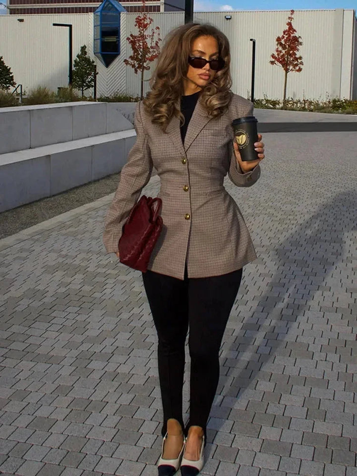 Chaqueta de cuadros para mujer con botones elegantes, corte entallado, para otoño