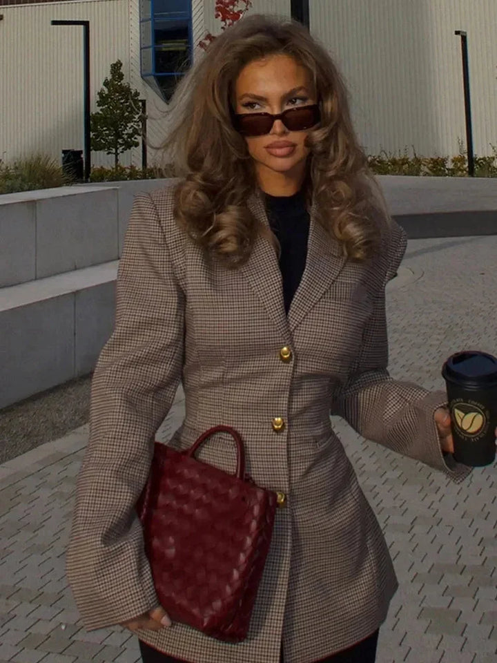 Chaqueta de cuadros para mujer con botones elegantes, corte entallado, para otoño