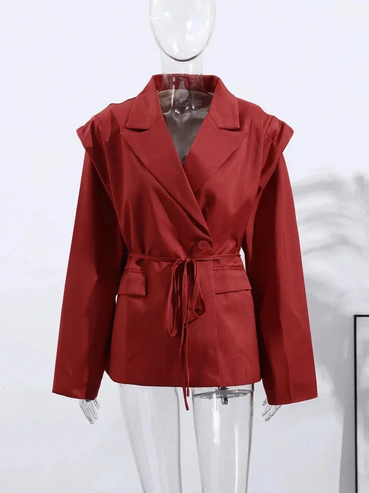 Blazer de mujer con cordones y hombreras acolchadas para otoño, de corte elegante