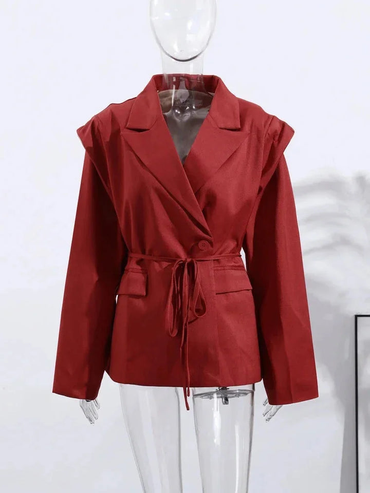 Blazer de mujer con cordones y hombreras acolchadas para otoño, de corte elegante