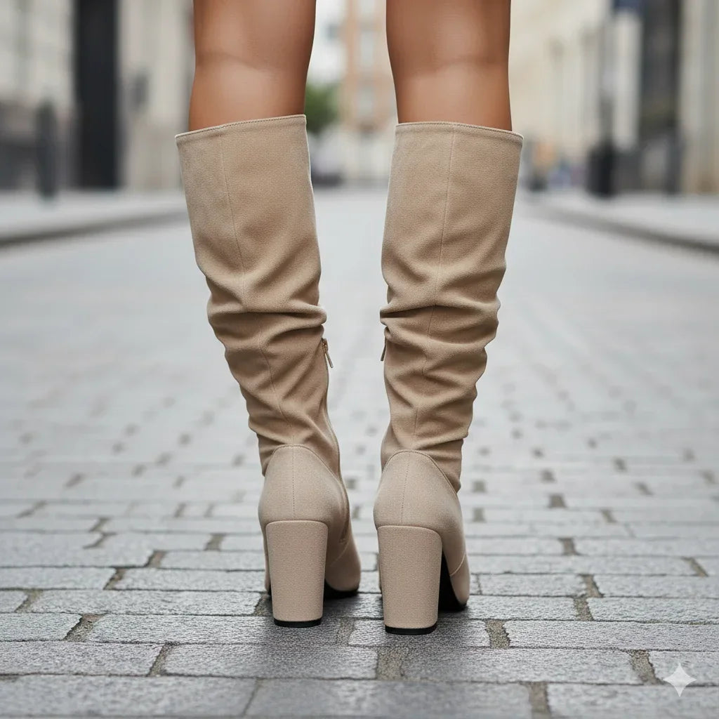 Stivali alti da donna fino al ginocchio, con tacco largo e arricciature, per l’autunno
