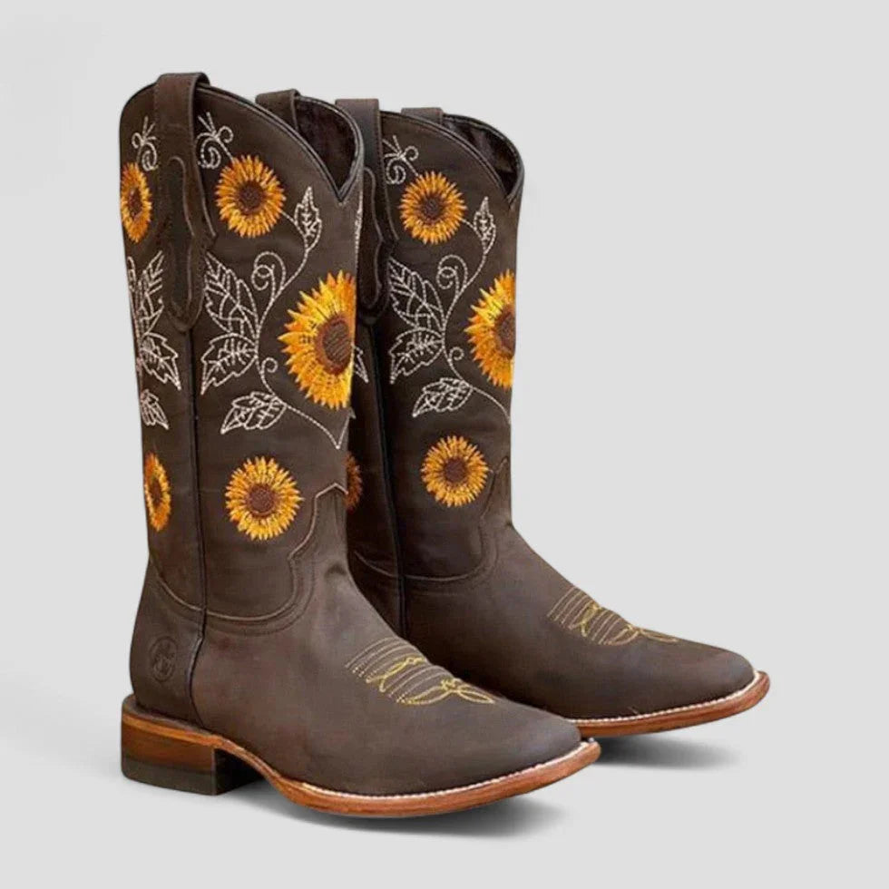 Bottes de cow-boy pour femmes à petit talon ornées de broderie florale, pour l'automne, style western
