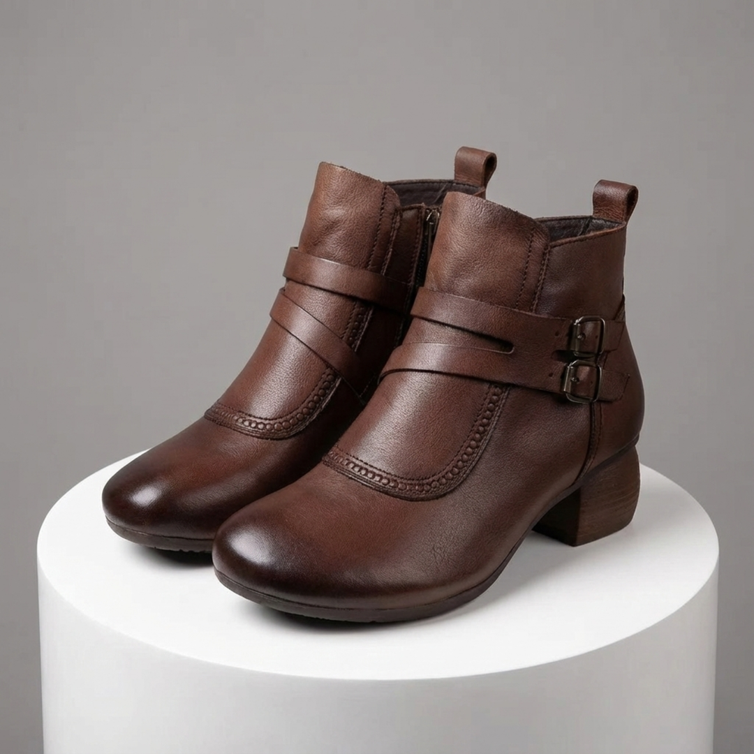 Bottines femme à talon bas en similicuir avec boucle, boots confortables pour l’automne