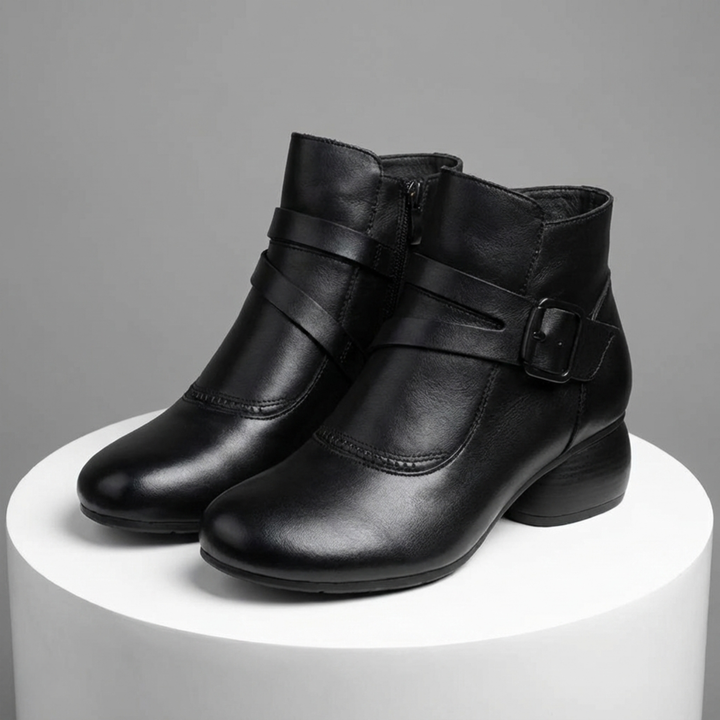 Bottines femme à talon bas en similicuir avec boucle, boots confortables pour l’automne