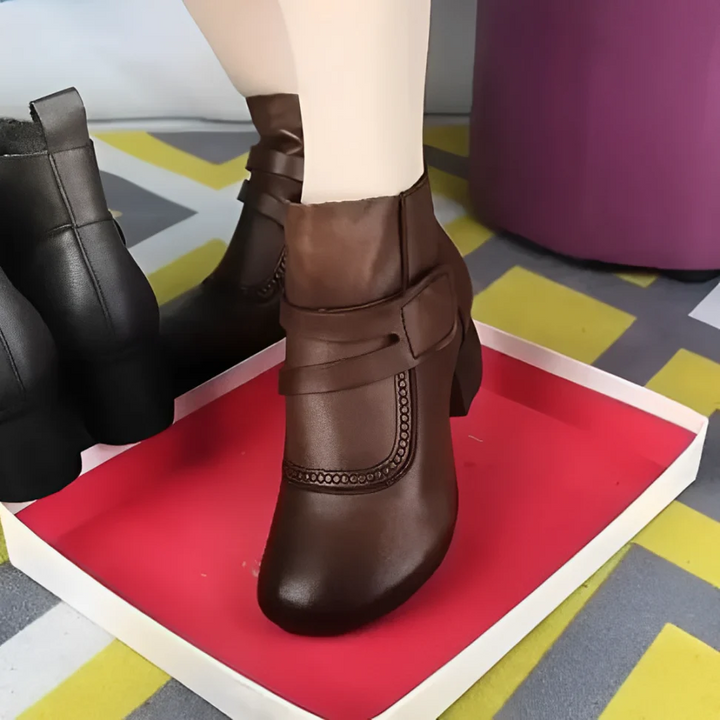 Bottines femme à talon bas en similicuir avec boucle, boots confortables pour l’automne