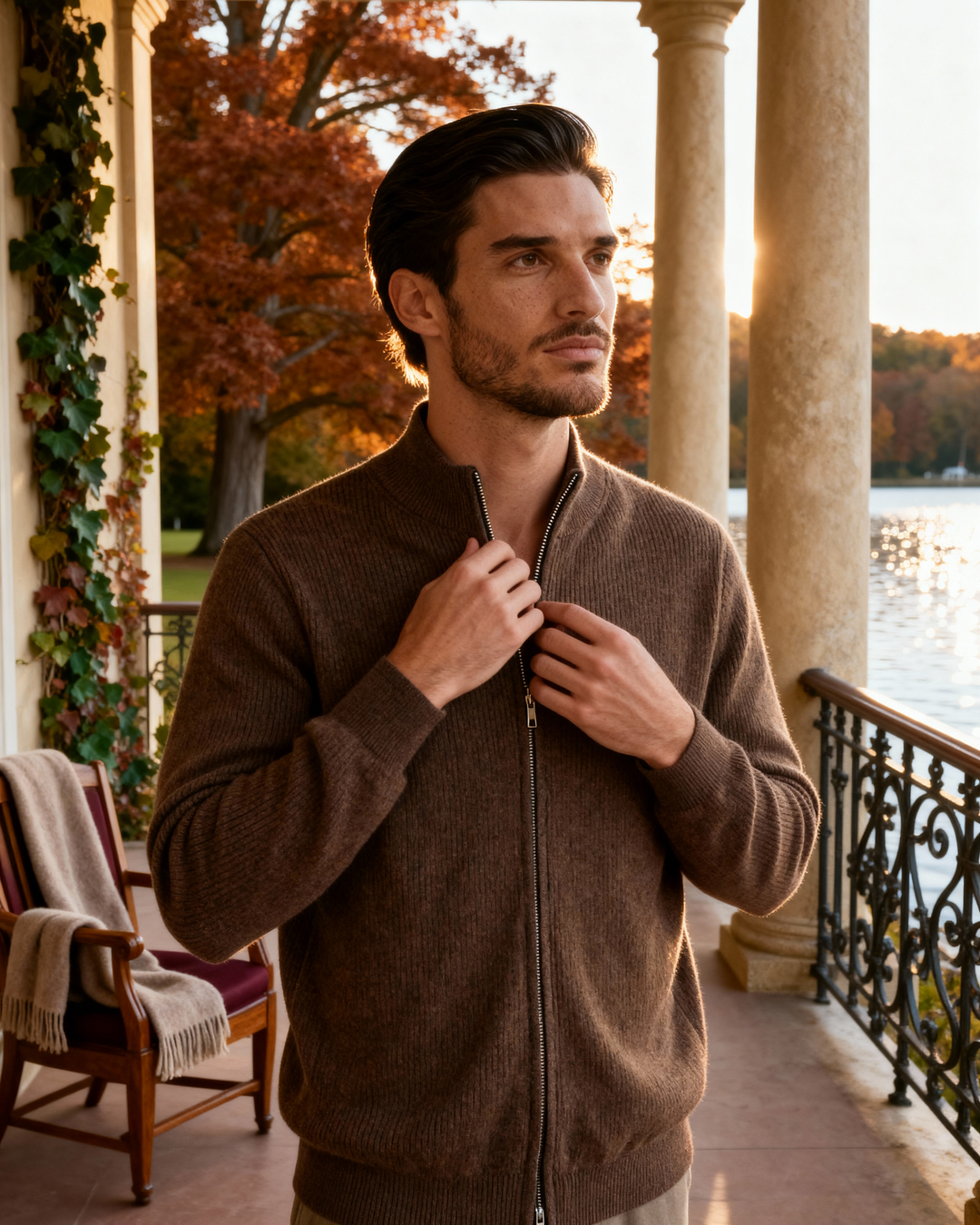 Gilet en laine pour homme à fermeture éclair avec col montant, maille automnale