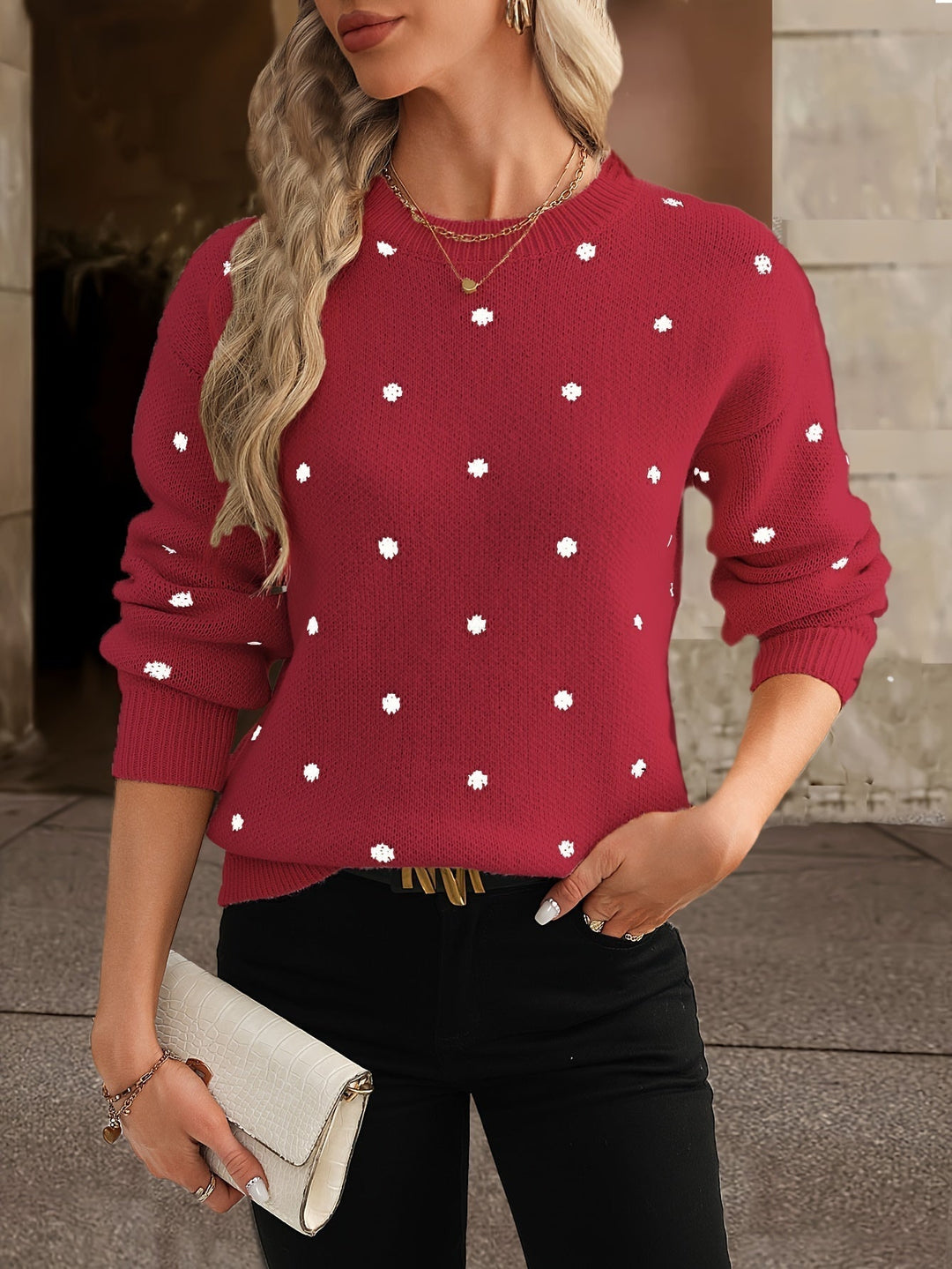 Pull en maille pour femme à pois col rond chaud automne-hiver doux