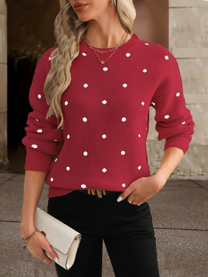 Pull en maille pour femme à pois col rond chaud automne-hiver doux